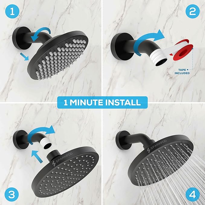 SparkPod Rain Shower Head, 6 Inch Round, Midnight Black Matte Finish | High Pressure Shower Heads, 90 Nozzles, Adjustable Showerhead, No Tools Needed, Universal Connection