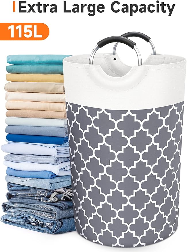 Large Laundry Basket 115L Tall Collapsible Hamper with Handle for Dorm Grey | Freestanding Laundry Hamper, Waterproof Dirty Clothes Storage Bag for College, Bathroom, Foldable Washing Bin for Travel