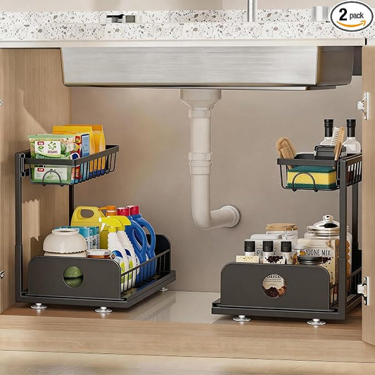 Under Sink Organizer, 2 Pack Under Kitchen Cabinet Organizer, Height Adjustable Pull Out Mute Slide-Out 2 Tier Metal Under Sink Storage for Bathroom, Pantry, Kitchen & Bedroom (Black, 2 Pack)