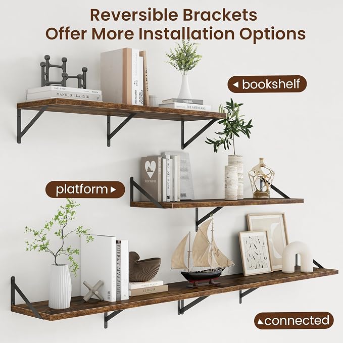 Deep Floating Shelves - 40 Inch Floating Shelves Set of 2-12 Inch Deep Brown Wood Wall Shelves for Living Room Bathroom Kitchen