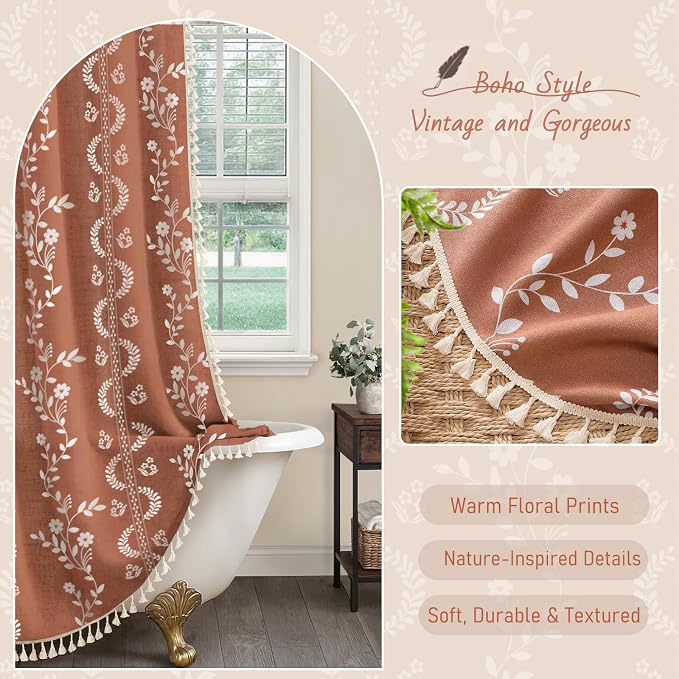 Boho Terracotta Vintage Shower Curtain with Tassels | 60 x 72 Inch,Bohemian Floral Linen Fabric Pattern Curtain Curtain For Bathroom
