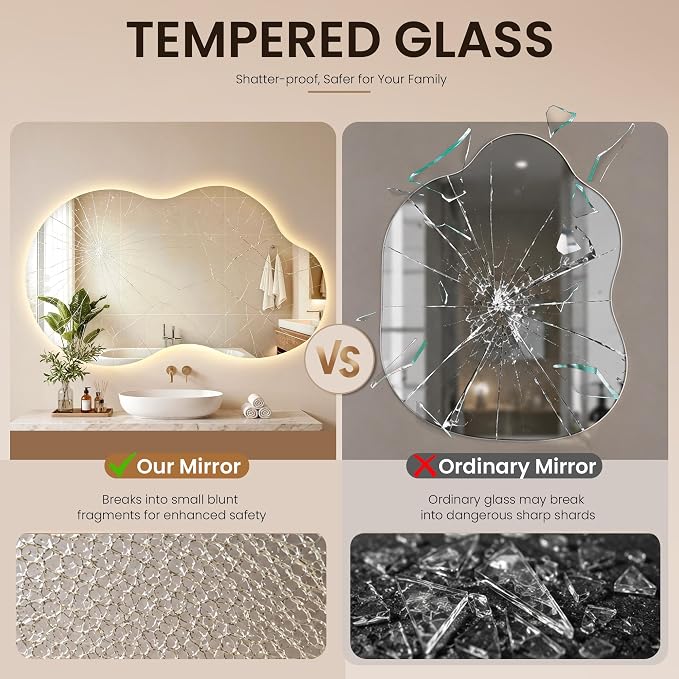 24" x 40" Irregular Backlit Bathroom Mirror, Anti-Fog | Tempered Glass, Cloud Shape, 3 Color Lighting, Stepless Dimming, Memory Function, HD Reflection, Wall Mounted