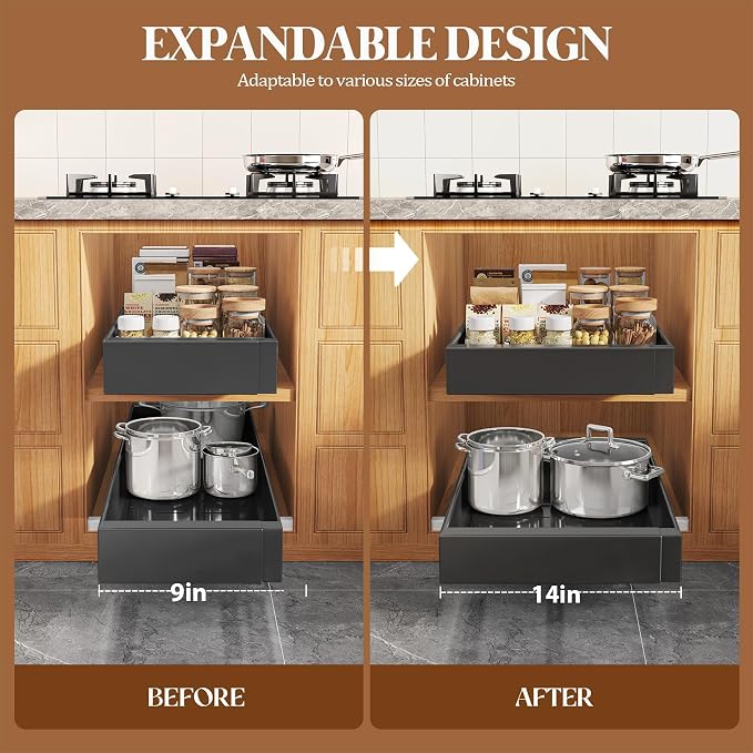 Seinloes 4 Pack Expandable Pull Out Cabinet Organizer 21" Deep With Raising Pad for Framed Cabinets,Upgrade 3 Slide Rails Slide Out Drawers,No Drill Roll Out Shelves,Adjustable Width 9"-14" Black