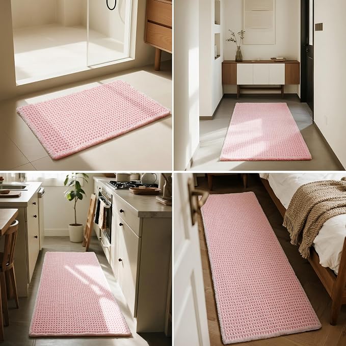 Triohero Waffle Bath Mat, Boho Bathroom Rugs Non Slip Washable, Ultra Soft Super Absorbent Quick Dry Farmhouse Bathroom Decor, 20" x 30", Light Peachy Pink