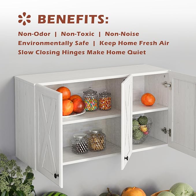 FIMELLO Wall Cabinet, Bathroom Wall Cabinet,Farmhouse Wall Mounted Cabinets for Kitchen Garage Laundry Storage, Medicine Cabinet with 3 Door and Shelves, Laundry Room Wall Cabinets,White Grain