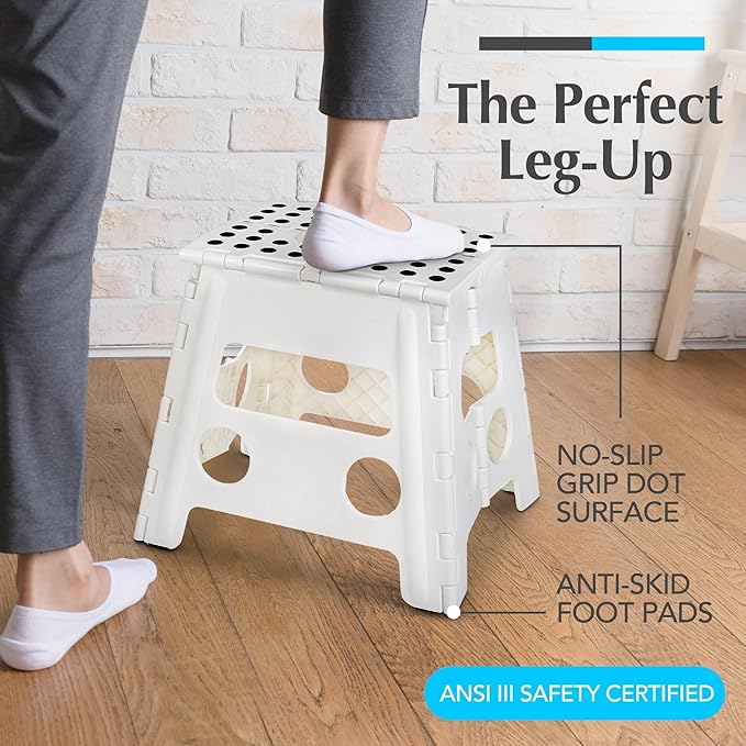 Handy Laundry Folding Step Stool 13 Inch, White, Non-Slip Holds 300 lbs | 13 Inch, White, Foldable Collapsible Step Stool, Non-Slip, Holds 300 lbs, Kitchen Bathroom Bedroom, Adults
