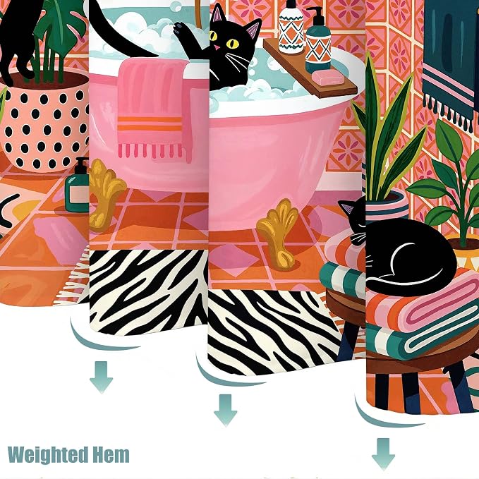 Accnicc Funny Cat Shower Curtain for Bathroom 72 X 84 Inches | Boho Cute Fun Black Cats Extra Long Shower Curtains, Tropical Plant Pink Bathroom Decor, Water-Resistant Washable Polyester