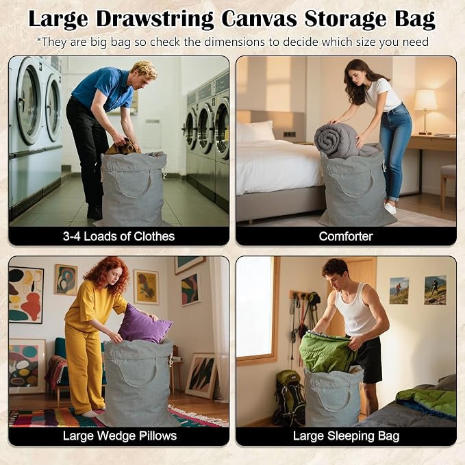 Canvas Laundry Bag 33"Wx 35"H, Extra Large Heavy Duty Hamper Liner, XL Grey | Thick Canvas Fabric, with Handles & Drawstring Closure, Washable Basket Liner Replacement, Home Storage Sack, 1Pack