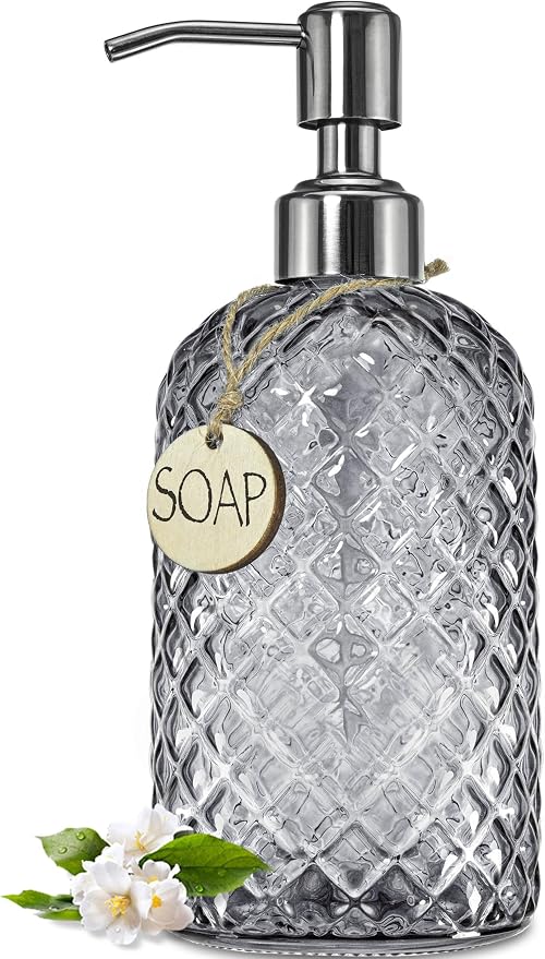 JASAI 18Oz Smoky Gray Glass Soap Dispenser with Rust Proof Pump | Refillable Dish soap Dispenser for Kitchen, Bathroom Soap Dispenser for Dispense Hand soap, Lotion.