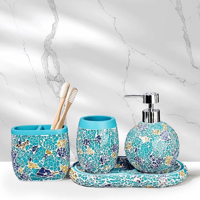 Handmade Blue Mosaic Glass Bathroom Accessory Sets 4PCS Bathroom Accessories Set Complete Includes Lotion Dispenser Toothbrush Holder Tumbler Cup & Vanity Tray