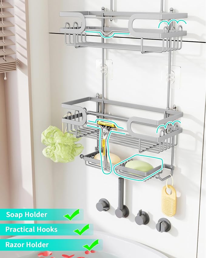 HapiRm Bathroom Hanging Shower Caddy - Rustproof Shower Shelf with 12 Hooks and 2 Soap Holders, No Drilling Bathroom Organizers and Storage - Silver