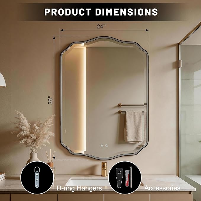 POZINO 36"x24" Scalloped LED Bathroom Mirror with Lights, Black Metal Frame | Beveled Edge, 3 Color Dimmable, Anti-Fog, Memory Function, IP65 Waterproof, Smart Bathroom Vanity Mirror with Front Lights