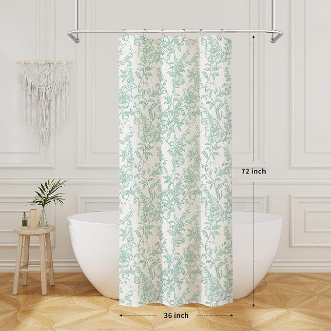 Teal Boho Linen Shower Curtain, Farmhouse Floral for Bathroom | Botanical floral print. Rustic farmhouse boho decor. Durable linen blend fabric. Machine washable for easy care. 36x72