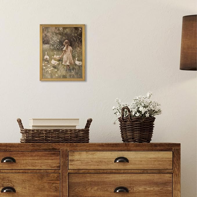 Wood Framed Canvas Wall Art, Vintage Girl with Ducks Painting Poster, Countryside Pastoral Landscape Print Picture, Rustic Farmhouse Wall Decor for Living Room Bedroom Nursery 8x10 inch