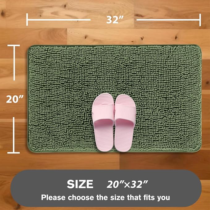 Loden Green Bathroom Rugs – Absorbent and Washable Bath Mat, Non-Slip, Thick Soft Chenille Bath Rugs for Bathroom Floor, Shower, Sink - 20" x 32"