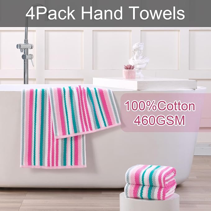VOOVA & MOVAS Striped Hand Towels 4 Pack, 100% Cotton, 16x27 in, Pink Teal | Perfect for Daily Use & Holiday Gifting, Quick Dry, Soft, Absorbent, Lightweight, Luxury Gift Set