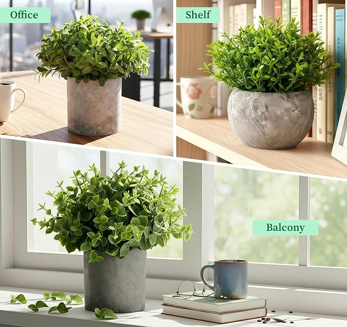 Fake Plants,5 PCS Small Artificial Greenery Eucalyptus Plant Indoor in Pots | Lemonfilter Plastic faux Plants Indoor with Pulp Pot, Small Plant Decor for Table Shelve Bathroom Kitchen Rustic Farmhouse