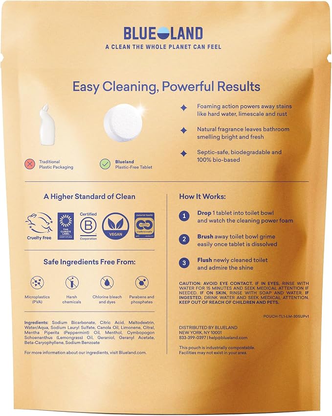 BLUELAND 100% Plastic Free Toilet Bowl Cleaner Tablets Set, Lemon Cedar | Removes Limescale, Rust & Hard Water and Toilet Ring Stains, Septic-Safe, No Chlorine Bleach, Dyes, Ammonia, or Parabens