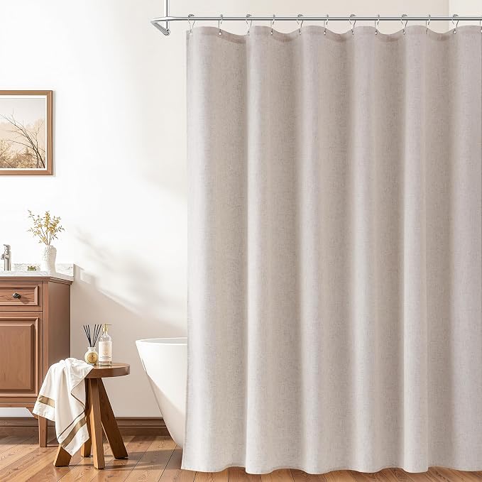 Extra Long Linen Shower Curtain 96 Inch Long for Bathroom Boho Farmhouse Fabric Shower Curtains Set with Hooks Neutral Cloth Modern Cottage Core Waterproof,Birch Beige