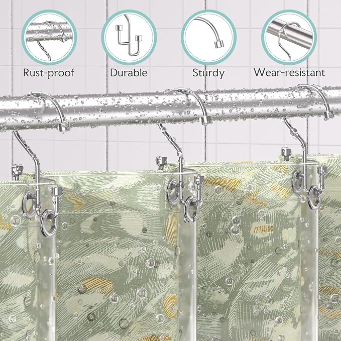 Bathway 12-Pack Double Shower Curtain Hooks, Rust-Resistant Metal Shower Curtain Rings with High-Low Design to Separate Liner & Curtain, Smooth Glide, Chrome