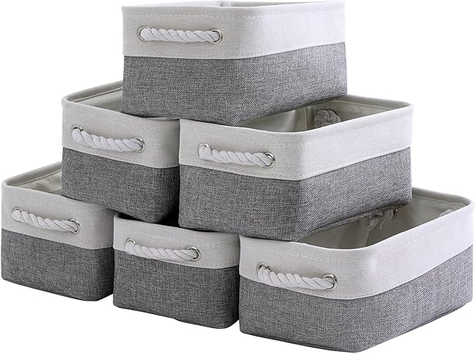 Small Storage Baskets for Organizing,Storage Baskets for Shelves,Small Fabric Storage Bins W/Handles For Closet Nursery Toy Decorative Foldable (White&Grey, 11.8L*7.9W*5.2H-6 Pack)