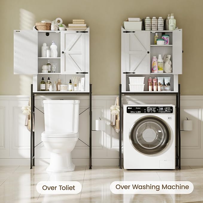 Over The Toilet Storage Cabinet with 2-Door & Metal Stand, White | Toilet Paper Holder, 3 Extra Hooks, Anti-Tipping Device, With Adjustable Shelves, for Bathroom, Restroom, Laundry