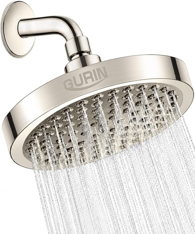 Shower Head - Luxury Brushed Nickel Finish - Rain Showerhead 6 Inch | High Pressure Shower Heads with Adjustable Angles, 90 Anti-Clog Nozzles, Tool-Free 1-Min Install