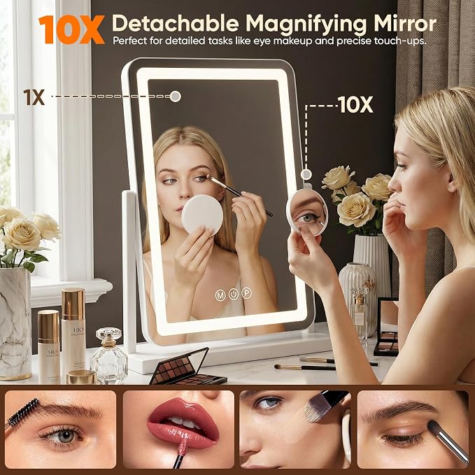 Antok Vanity Mirror with Lights, 24"X20" Lighted Makeup Mirror, Smart Touch, 3 Color Modes and Brightness Adjustable, LED Vanity Mirror with Detachable 10X Magnification, 360° Rotation for Makeup Desk