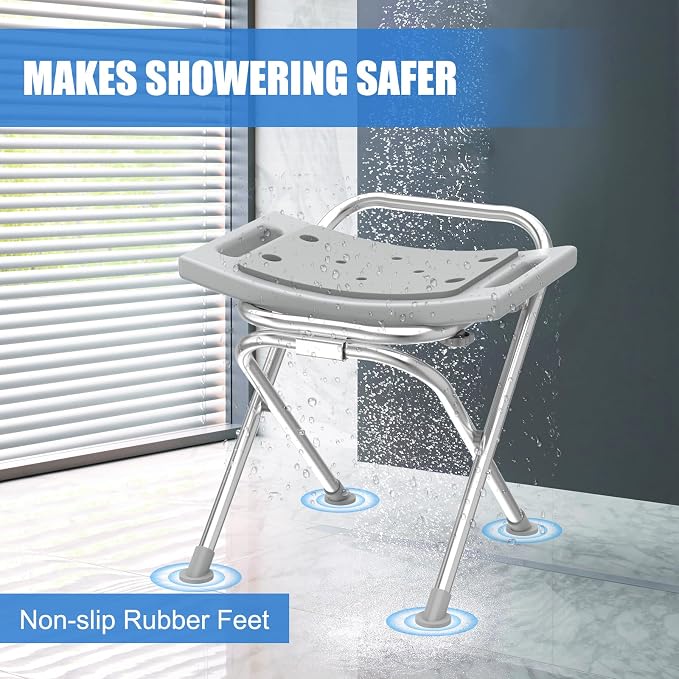 Folding Shower Chair Seat, 17.5" Stainless Steel Small Shower Chair for Inside Shower with Pad, 400lbs Portable Travel Shower Stool, Safety Anti-Slip Bath Chair for Seniors, Disabled, Gray