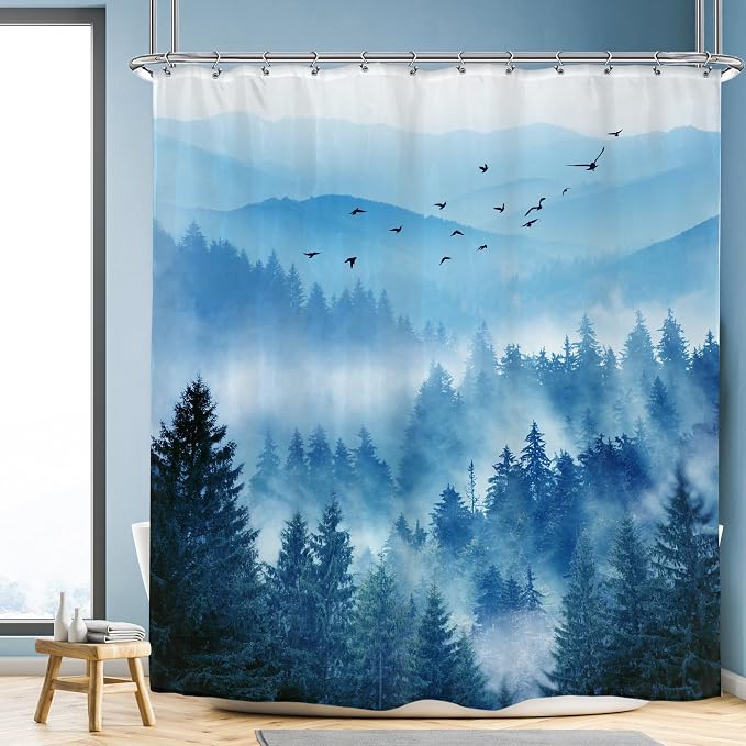 Navy Blue Mountain Nature Woodland Scenery Bathroom Shower Curtain Set | 72"W x 72"L shower curtain， Park Scene: HD waterproof print, quick-dry cloth, free hooks for easy installation.