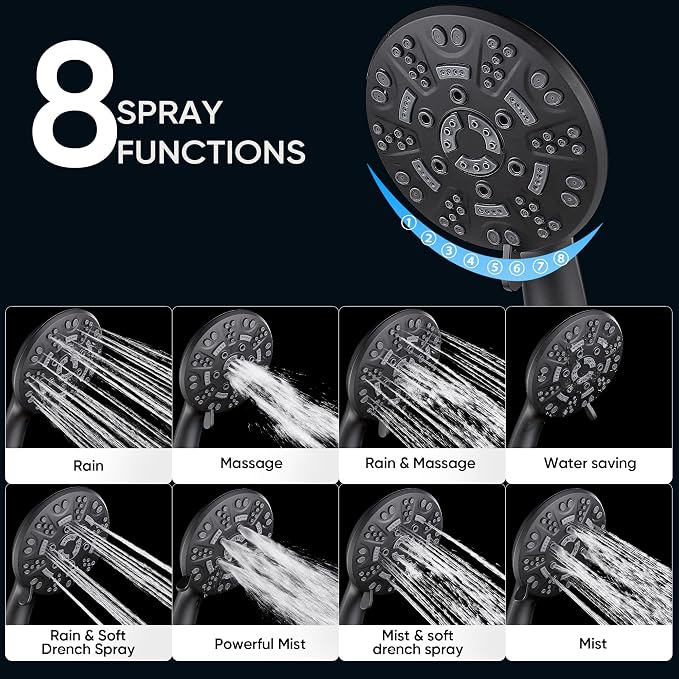 Cobbe 8-Setting Handheld Shower Head, Water-Saving Design, Matte Black | Trickle Pause Mode, 5ft Stainless Steel Hose, Brass Swivel Bracket, Tool-Free Installation