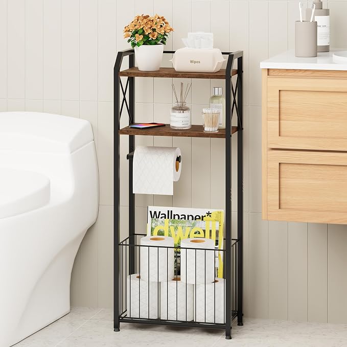 HapiRm Freestanding Toilet Paper Holder - 4-Tier Bathroom Tissue Organizer with Wood Shelves and Large Basket, Toilet Paper Holder Stand for Bathroom, Laundry Room, Apartment - Black（Large）