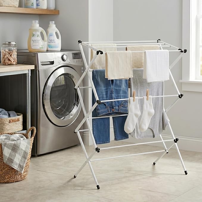 Honey-Can-Do 3-Tier Oversized Clothes Drying Rack, 31" Wide, No Assembly | Oversized 31" x 42" rack with 26 ft of drying space for bedding and large loads. Sturdy metal frame folds flat fast.