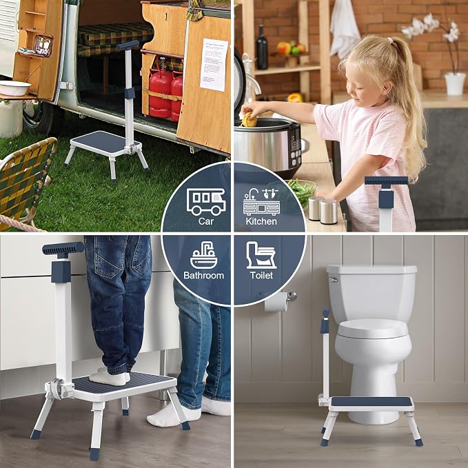 Folding Step Stool, Step Stools with Handle for Elderly Adults | Easy Assmbly, Lightweight Metal Stepping Stool with Adjustable Handrail in Kitchen, Bathroom, Bedroom, 330 Lbs Capacity