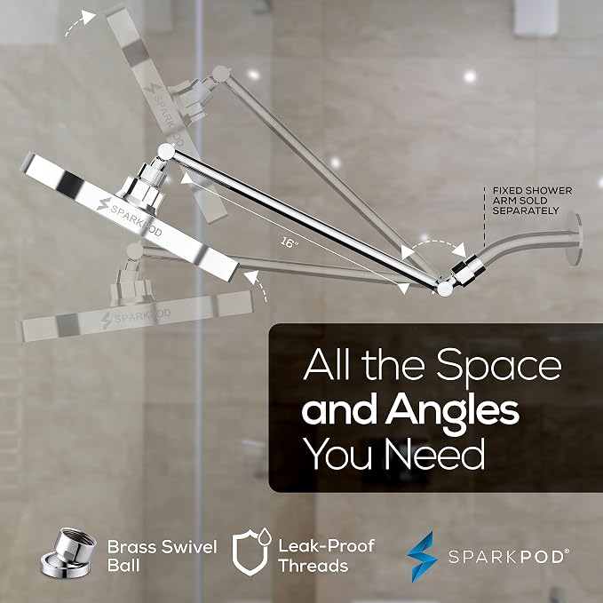 SparkPod 8" Round Rain Shower Head with 16" Shower Arm | Shower Head & Extension Arm Combo, Height Adjustable, High Pressure Performance, Easy 1-Minute Installation, Polished Chrome