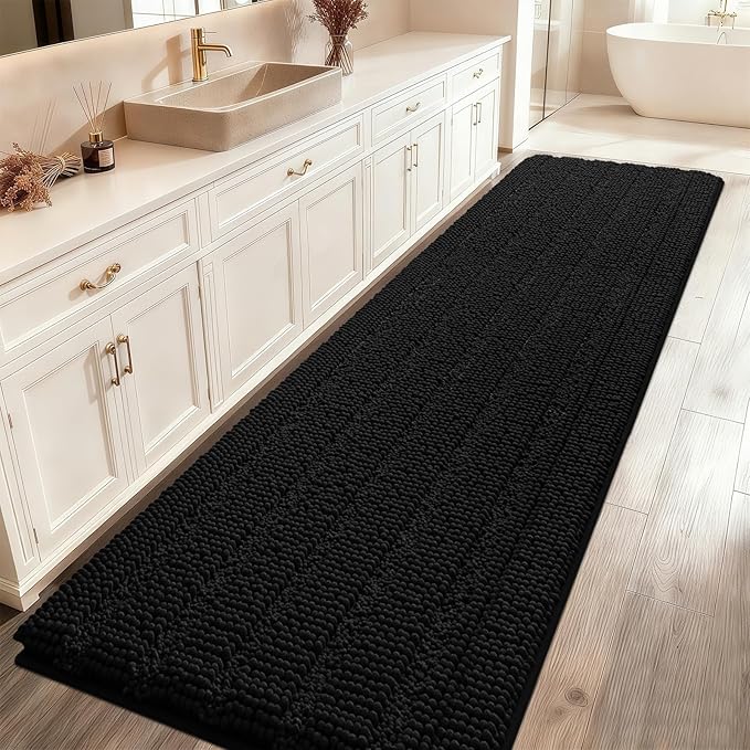 Striped Black Bathroom Rug Mat 59"x24" Ultra Soft, Non Slip Chenille Bath Rugs, Absorbent Plush Shaggy Bath Mats for Bathroom, Bedroom, Kitchen, Shower, Tub