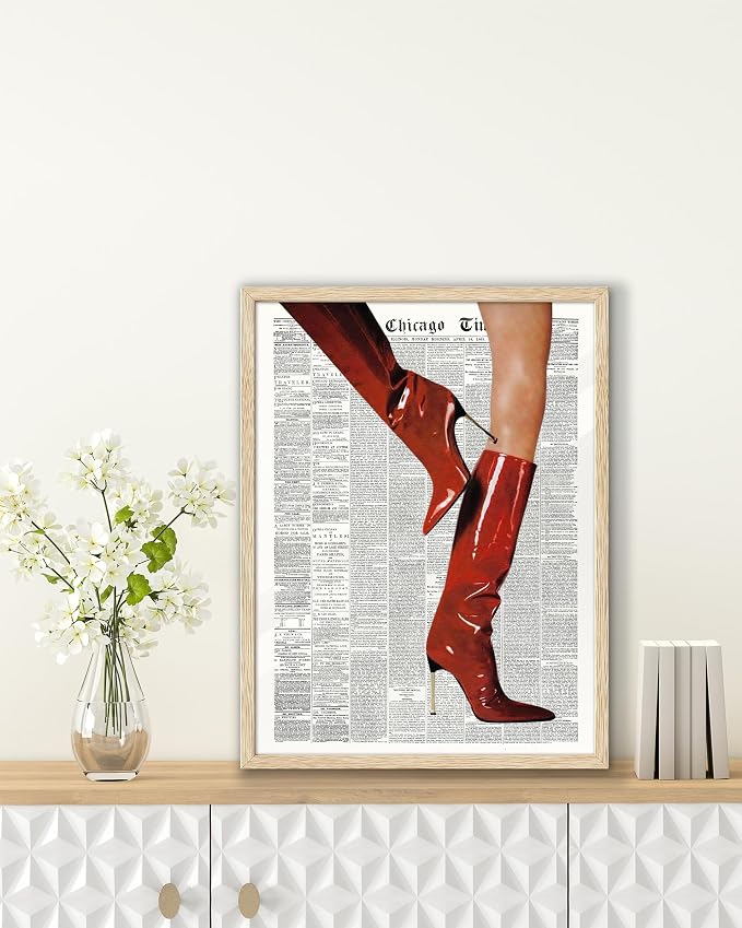 EcoHest 12x16 in Red Boots Newspaper Canvas Art | Unframed Canvas Print, Fashion Magazine Wall Decor for Bedroom, Apartment, Dorm Room, College Room, 1Pack