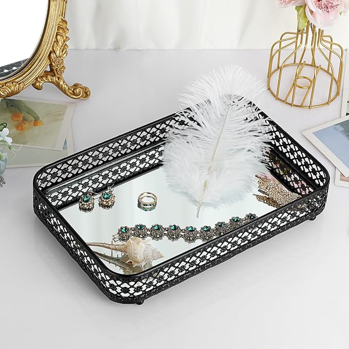 ELLDOO Black Mirror Glass Perfume & Makeup Vanity Tray, Medium Size | Hollow-Carved Jewelry Storage, Metal Trinket Organizer for Dresser Bathroom Countertop Home Decor