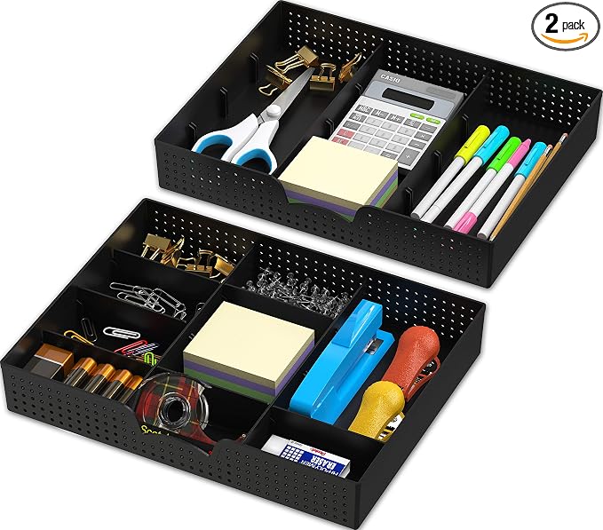 Simple Houseware Drawer Organizer Tray, 9 Compartments, 2-Pack, Black | Adjustable Compartments For Office, Makeup, and Craft Drawer or Desktop Storage