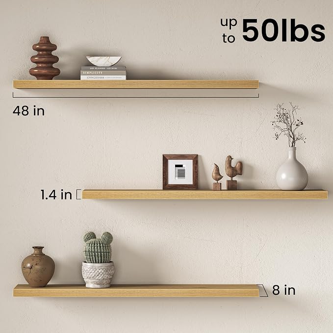 Fun Memories 48 Inch Floating Shelves for Wall 8 Inch Deep Oak Shelves Set of 2, Wall Mounted Rustic Wood Long Floating Shelf, Large Display & Storage Shelf with Invisible Brackets