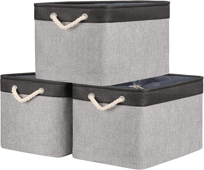 Organization and Storage Basket for Shelves - 20x16x14 inch Jumbo 3 Pack Collapsible Storage Bins for Organizing, Fabric Storage Cubes for Organizer Gift Toy Closet (Black & Grey)