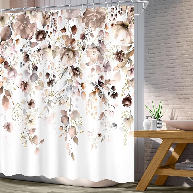 Brown Floral Autumn Fall Tan Watercolor Bathroom Shower Curtain Set | 72"W x 72"L Flower Eucalyptus style, clear shower print, fast-dry fabric and hooks for a simple bath update.