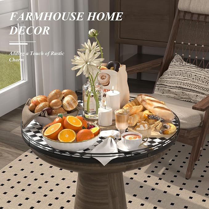 AMH 21-Inch Black and White Checkerboard Lazy Susan Decorative Tray | Smooth rotating oak tray with walnut finish for dining tables, kitchen counters, pantries and cabinet storage.