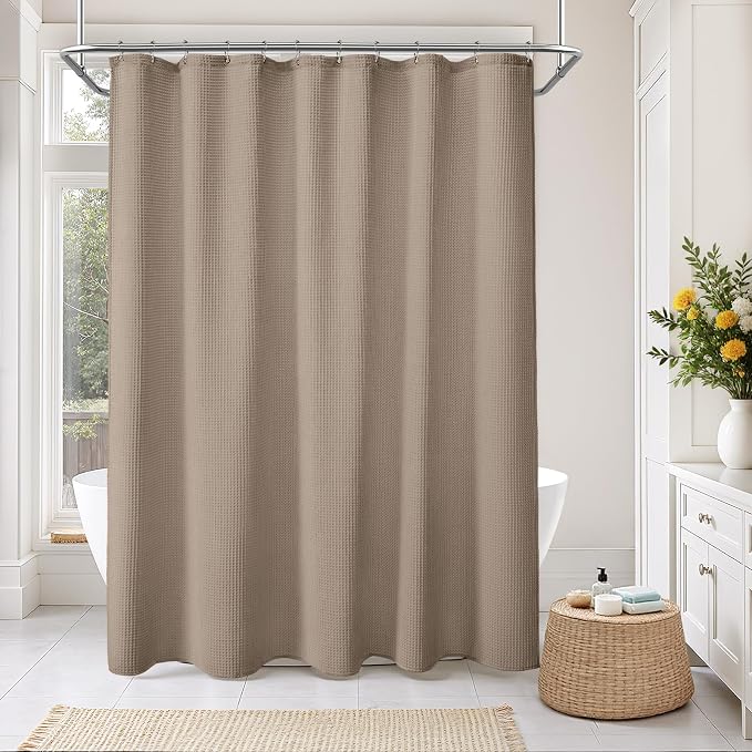 Waffle Weave Shower Curtain Heavyweight Cotton Fabric Beige 72Wx75L | Soft Cotton Cloth,3D Square Truely Waffle Washable, Hotel Luxury Spa, Shower Curtain Set for Bathroom 12 Plastic Hooks
