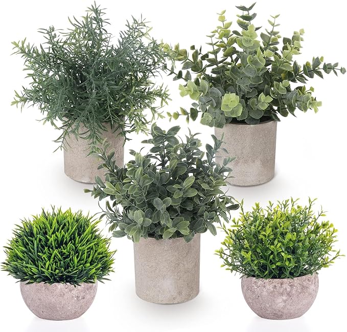 Fake Plants,5 PCS Small Artificial Greenery Eucalyptus Plant Indoor in Pots | Lemonfilter Plastic faux Plants Indoor with Pulp Pot, Small Plant Decor for Table Shelve Bathroom Kitchen Rustic Farmhouse