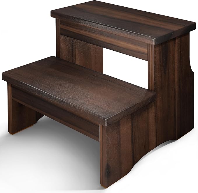 FANATU Wooden Two Step Stool, Heavy Duty 2-Step Ladder for Adults & Kids, Supports up to 450lbs for Kitchen, Bathroom or Bedside Use (Walnut Finish)