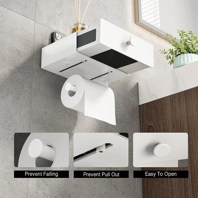 VOLDRA Toilet Paper Holder with Shelf White Wipes Dispenser for Bathroom Toilet Paper Holder with Storage Upgrade Drawer Design Toilet Tissue Holder Adhesive Small Bathroom Shelf Wall Mount