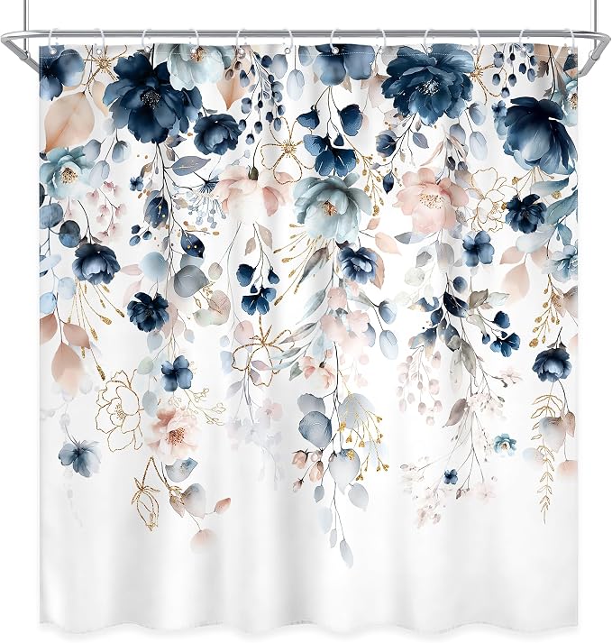 Blue Pink Floral Extra Long Rustic Bathroom Shower Curtain Set | 72"W x 84"L Boho Wildflower style, clear shower print, fast-dry fabric and hooks for a simple bath update.