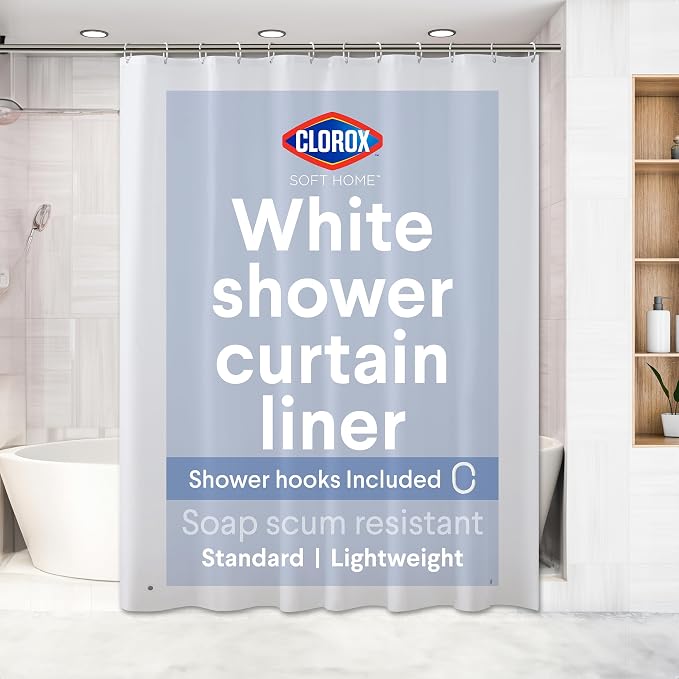 Clorox Shower Curtain Liner & Hooks, Premium Lightweight Flexible Waterproof 4g PEVA for Bathroom with Weighted Magnets, Standard Size 70" x 72", White 1 Pack
