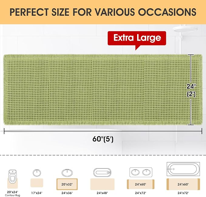 Waffle Bath Mat Sage Green 5'x2', Boho Woven Modern Bath Mat Rugs, Absorbent Non Slip Bathroom Rugs, Soft Washable Bath Rugs with Tassels for Bathroom, Bedroom, Kitchen, Shower, Tub